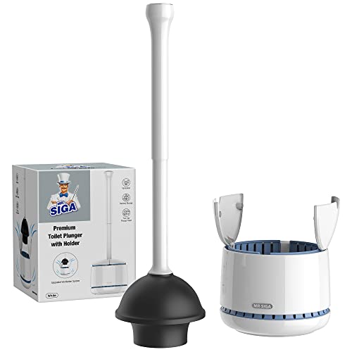 Heavy Duty Toilet Plunger and Holder Set with Automatic Lid, White