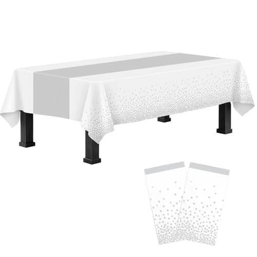 White and Silver Disposable Tablecloths 2 Pack 54x108 Inch for Party Decorations