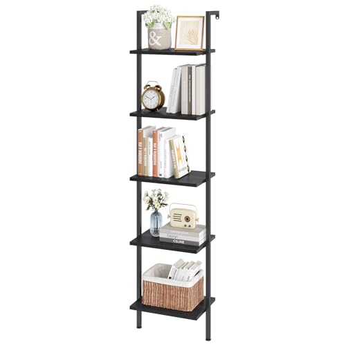 5-Tier Ladder Shelf, Wall Mounted Bookshelf with Metal Frame, Black