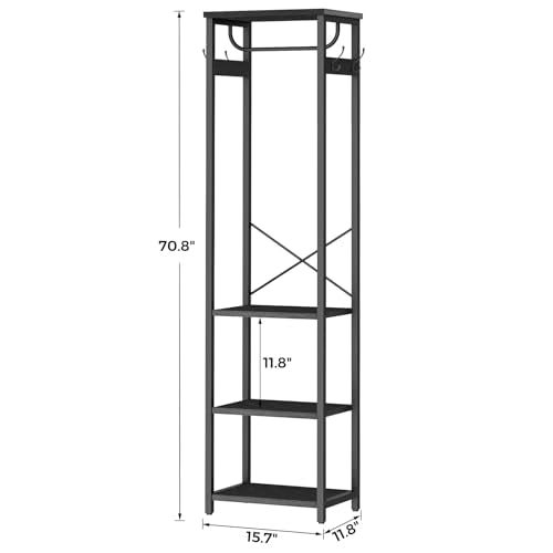 Industrial Freestanding Coat Rack with Hanging Rod and 3 Wooden Shelves
