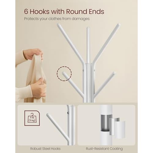 VASAGLE Coat Rack Freestanding, Coat Hanger Stand, Hall Tree with 2 Shelves, for Clothes, Hat, Bag, Industrial Style, Natural Beige and Pearl White URCR016N01