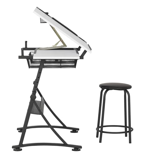 Adjustable Drafting Table and Stool Set with Tilt Top and Storage