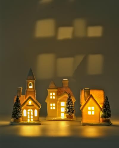 Lighted White Ceramic Christmas Village Houses with Trees - 3-Piece Set