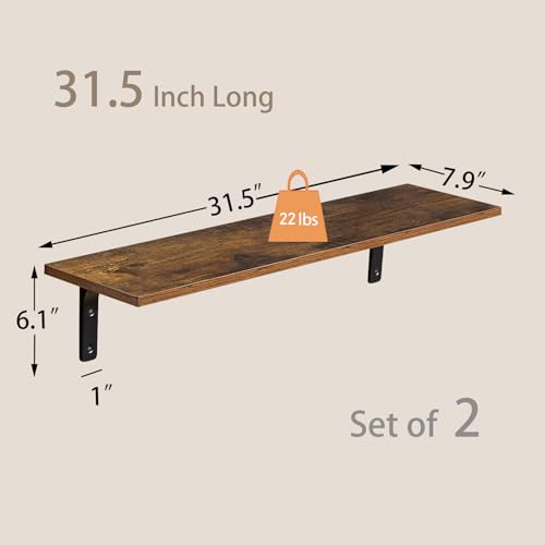31.5-Inch Rustic Floating Wall Shelves - Set of 2 Wooden Storage Ledges