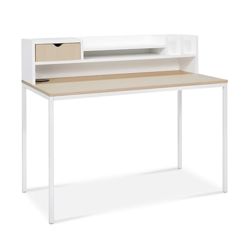 48-Inch Desk Storage Hutch with Drawer and Cubbies - Light Maple & White