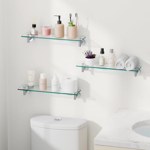 20-Inch Tempered Glass Bathroom Wall Shelf, 3-Pack with Stainless Brackets