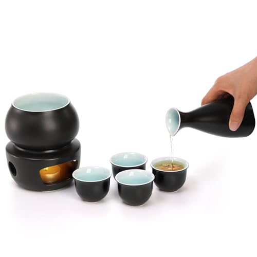 Ceramic Sake Set with Warmer - Hot & Cold Sake Drinking Kit, 7 Pieces
