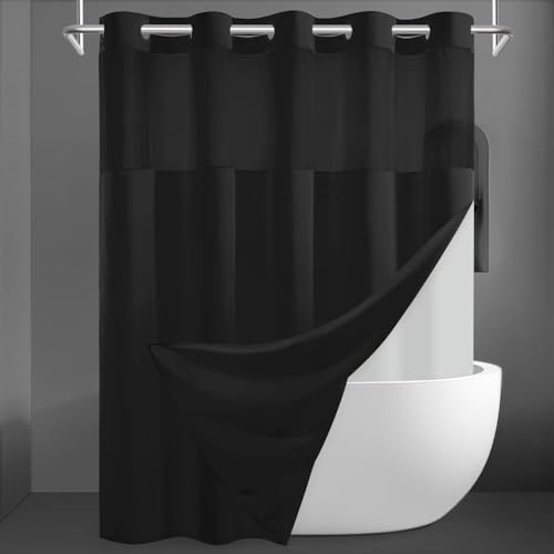 No Hook Shower Curtain with Snap-in Liner, 71x74 Bamboo Texture, Black