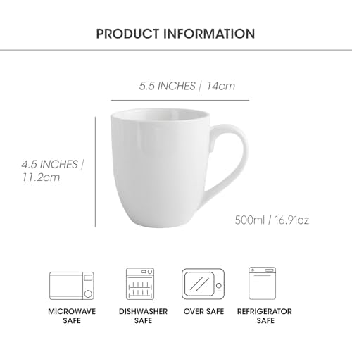 Large 16oz Ceramic Coffee Mug Set - White Porcelain Tea & Cocoa Cups with Comfort Grip