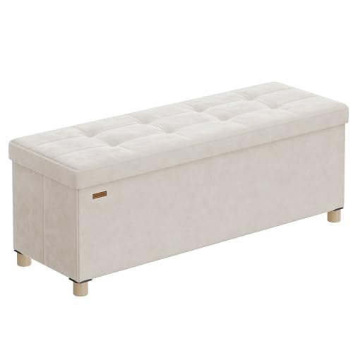 Velvet Storage Ottoman Bench, 43-Inch Folding Footrest Stool, Beige