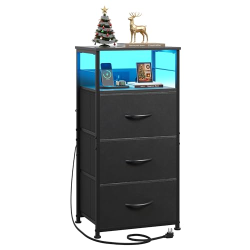 3-Drawer LED Nightstand with Charging Station, Bedside Table with USB Ports