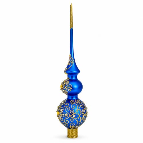 Golden Swirls on Blue 16-Inch Glass Christmas Tree Topper