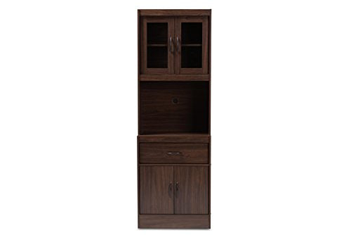 Modern Kitchen Hutch Cabinet with Microwave Compartment, Walnut Brown