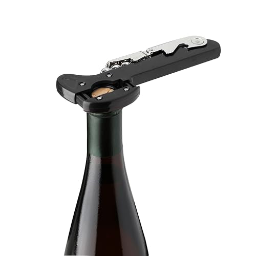 TRUE Recoil Waiters Corkscrew Wine Opener - Black, Stainless Steel with Built-in Bottle Opener & 4-Wheel Foil Cutter