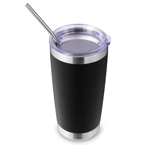 20oz Stainless Steel Travel Mug with Lid & Straw - Double Wall Insulated, Fits Car Cup Holders, Black