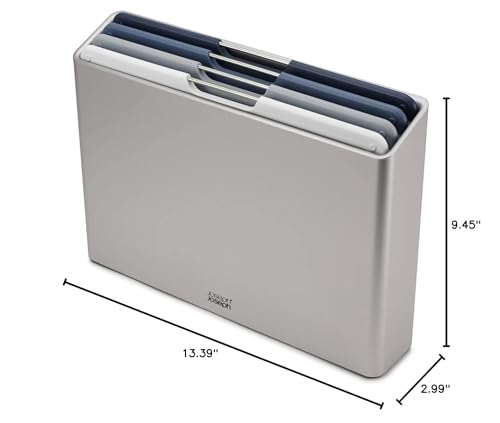 Joseph Joseph Folio 4-Piece Colour coded Cutting Board Set, Slimline case for organized Kitchen storage, Silver