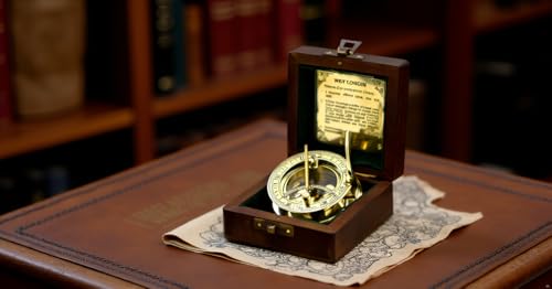 Antique Brass Sundial Compass with Wooden Gift Box - Nautical Decor