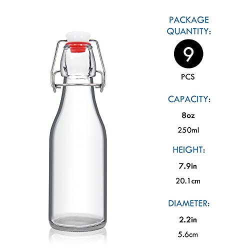 8 oz Clear Swing Top Glass Bottles with Airtight Lids, 9 Pack