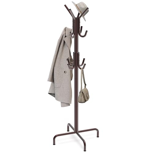 Standing Coat and Hat Rack, 12-Hook Metal Organizer, Bronze Finish