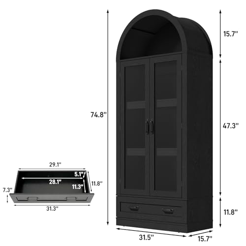 75" Tall Arched Kitchen Pantry Cabinet with Glass Doors and Drawer