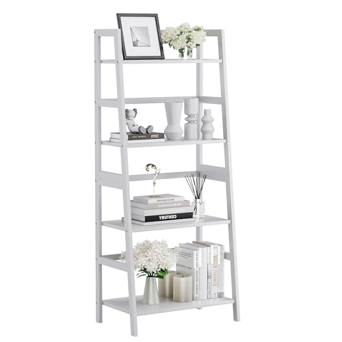 4-Tier Bamboo Ladder Bookshelf, White Modern Open Display Storage Rack