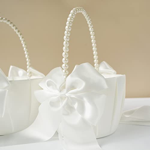 Ivory Satin Flower Girl Baskets with Pearl Handles - Set of 2