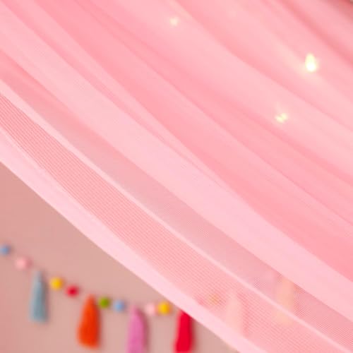 Pink Kids Bed Canopy Tulle Panels for House Beds with 4 Bow Tiebacks