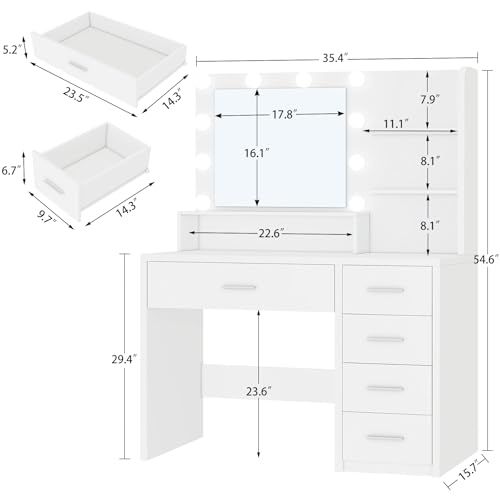 FIONESO White Makeup Vanity Desk with 5 Drawers & LED Lights - Adjustable Brightness & 3 Color Modes