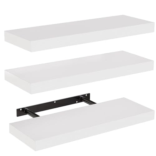 White Floating Wall Shelves - Set of 3 Wood Decor Shelves with Invisible Brackets