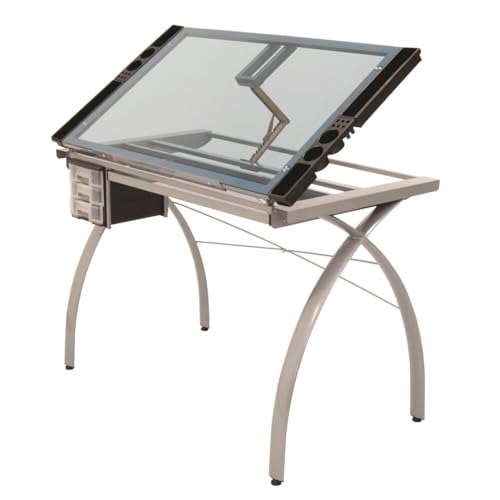 Adjustable Drafting Table with Tempered Glass Top and Storage Drawers