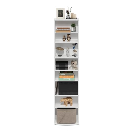 8-Tier Tall Narrow Media Storage Tower with Adjustable Shelves White