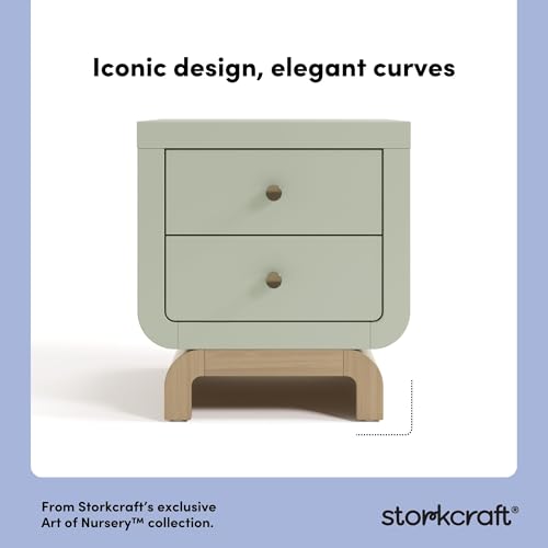 2-Drawer Nightstand with Curved Base, Sage and Driftwood Finish