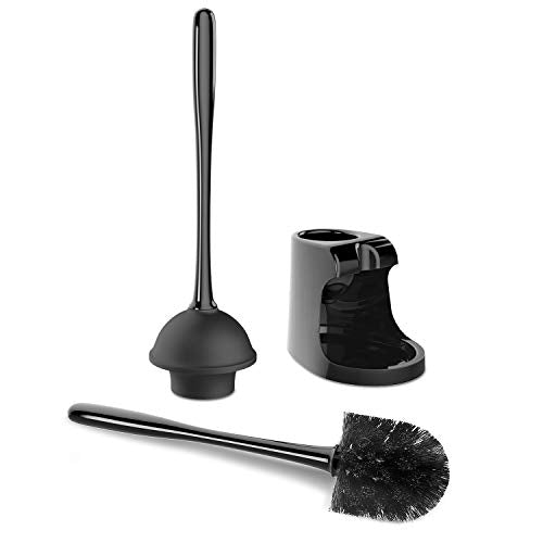 Heavy-Duty Toilet Plunger and Bowl Brush Set with Holder, Black (2-Pack)
