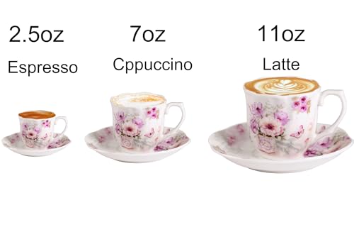 GuangYang 7 oz Porcelain Tea Cup & Saucers Set - Elegant Floral Pattern, Pack of 6