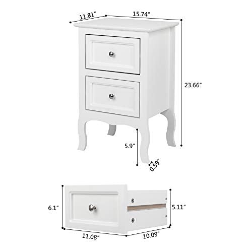 2-Drawer Wooden Nightstand Set, Small Bedside Table with Storage, White