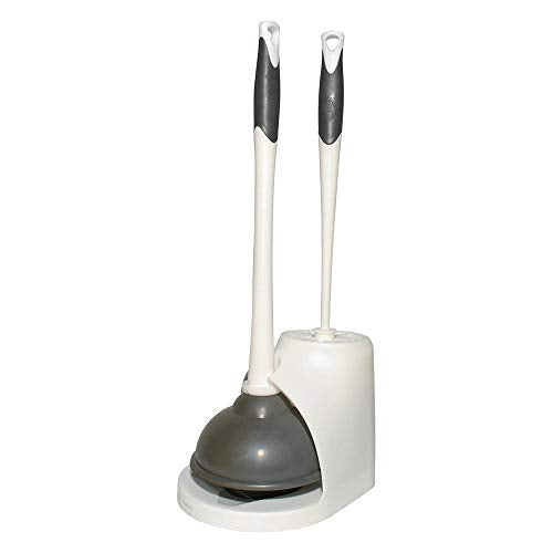 Toilet Plunger and Bowl Brush Set with Storage Holder Caddy, White/Gray