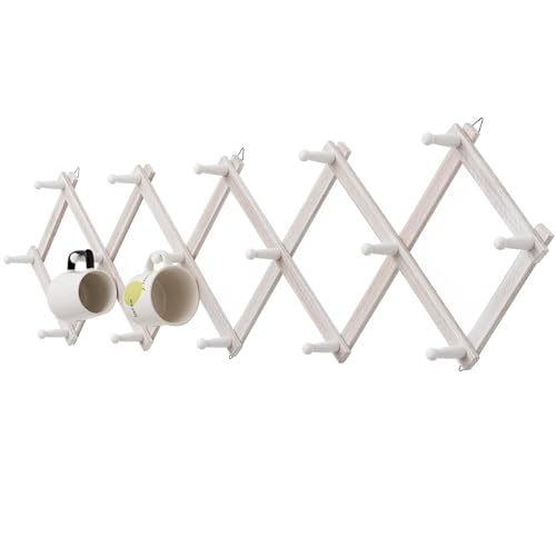 Rustic Expandable Wall Mounted Coat Rack with 16 Wood Hooks, Shabby White