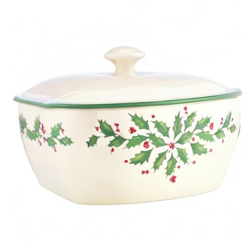 Lenox Holiday Porcelain Covered Casserole Dish with Holly Motif - Festive Serveware