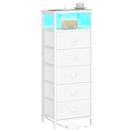 Nightstand with Charging Station, 5 Drawers, RGB LED Lights, White