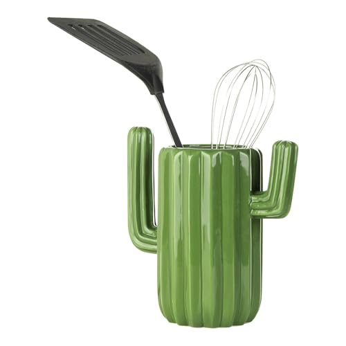 Vibrant Green Ceramic Cactus Utensil Holder - Southwestern Kitchen Organizer