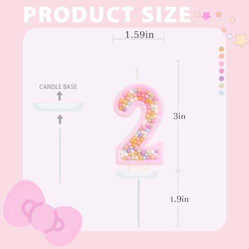 Pink Number 2 Birthday Candle - Glitter Macaron Cake Topper Decor