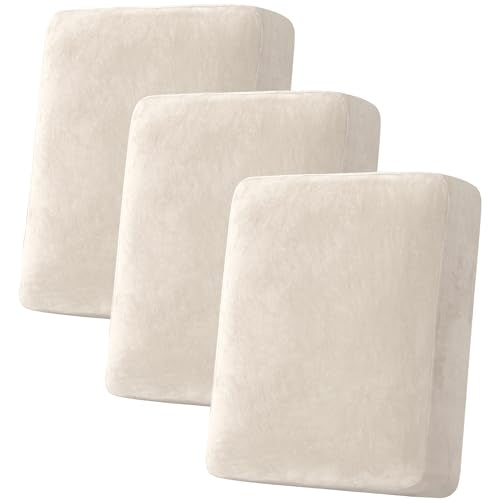 Velvet Stretch Sofa Cushion Covers - 3-Piece Plush Furniture Protector (Ivory)
