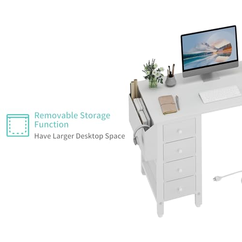 White 47-Inch L-Shaped Corner Computer Desk with Outlets & Drawers