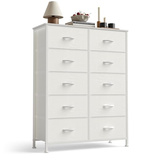 10 Drawer Tall Dresser Tower with Fabric Storage Bins and Wood Top