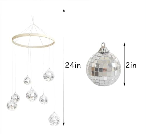Hanging Disco Ball Mobile with Bamboo Circle for Garden and Patio Decor