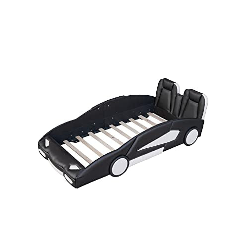 Race Car Twin Platform Bed with Wheels - Sturdy Wood Kids Bed Frame