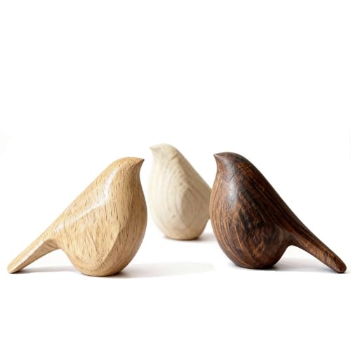 Set of 3 Natural Beech Wood Bird Sculptures – Modern Shelf & Table Decor