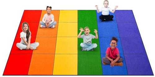 Rainbow Classroom Rug 7'6" x 13' – Non-Slip Preschool Carpet with Seating Squares
