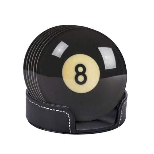Sunwarshile Black 8 Billiard Leather Coaster Set with Holder, Round Drink Mats for Home & Bar