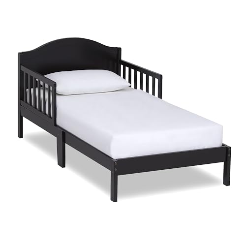 Solid Pinewood Toddler Bed Frame with Safety Rails & Arched Panel - Black